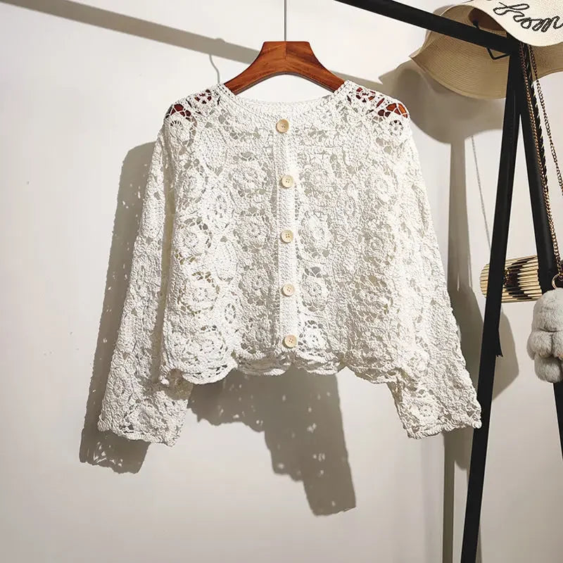 Lace Small Shawl Cotton Cardigan female 2023 spring and summer o neck long sleeve solid casual Versatile Hollow Cardigan Female  Amaijoin