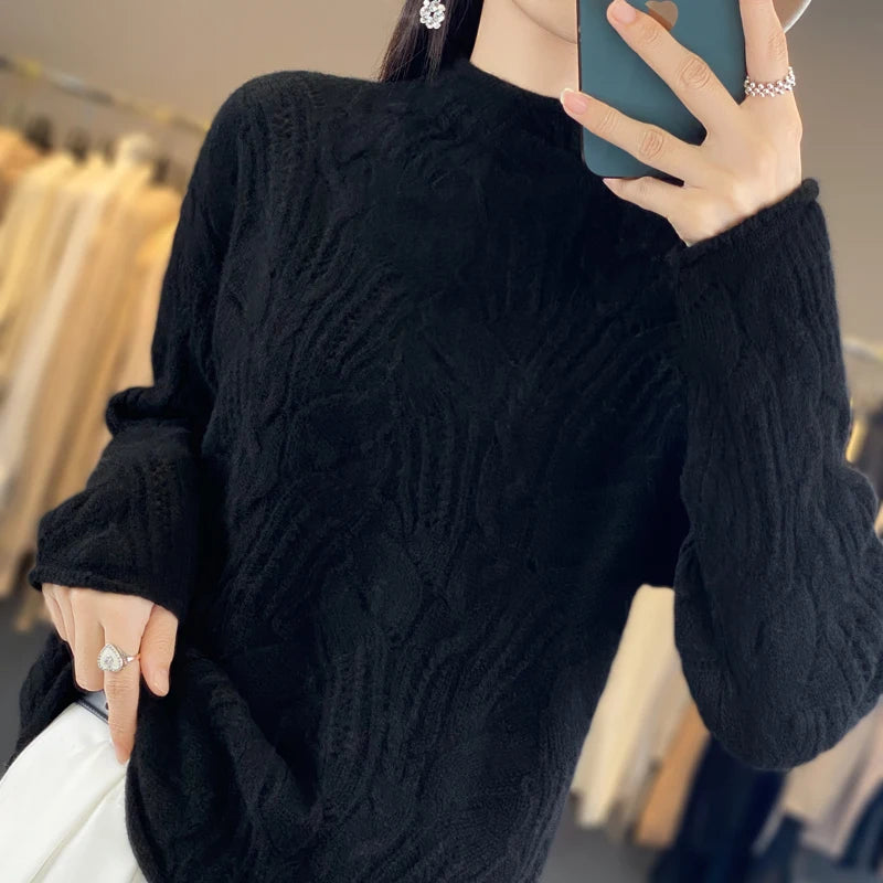 100% Australian Wool Sweater Solid Color Knitted Hollow Half High Collar Women's Pullover Sweater Slim Fit Exquisite Thin Style  Amaijoin