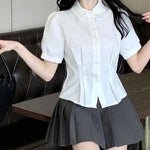 Carregue a imagem no visualizador da Galeria, Women&#39;s Summer White Cropped Shirts College Style Turndown Collar Short Sleeve Blouse Lady Korean Style Folds Slim Fit Crop Tops  Amaijoin
