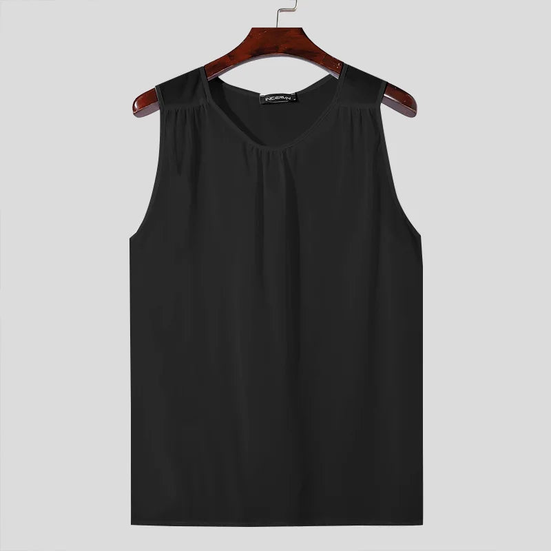 Men's Tank Tops Solid Color Transparent O-neck Sleeveless Summer Male Vests Sexy Streetwear 2024 Fashion Men Clothing INCERUN  Amaijoin