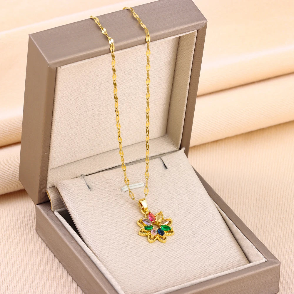 New In Fashion 7 Colors Zircon Crystal Flower Pendant Necklaces For Women Trendy Female Stainless Steel Chain Ladies Accessories  Amaijoin