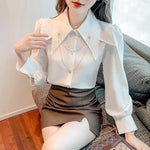 Carregue a imagem no visualizador da Galeria, Doll Pointed Neck Turn Down Collar Bubble Long Sleeve Loose Top Chain Casual Shirt And Blouses OL Woman French Elegant 2024Trend  Amaijoin
