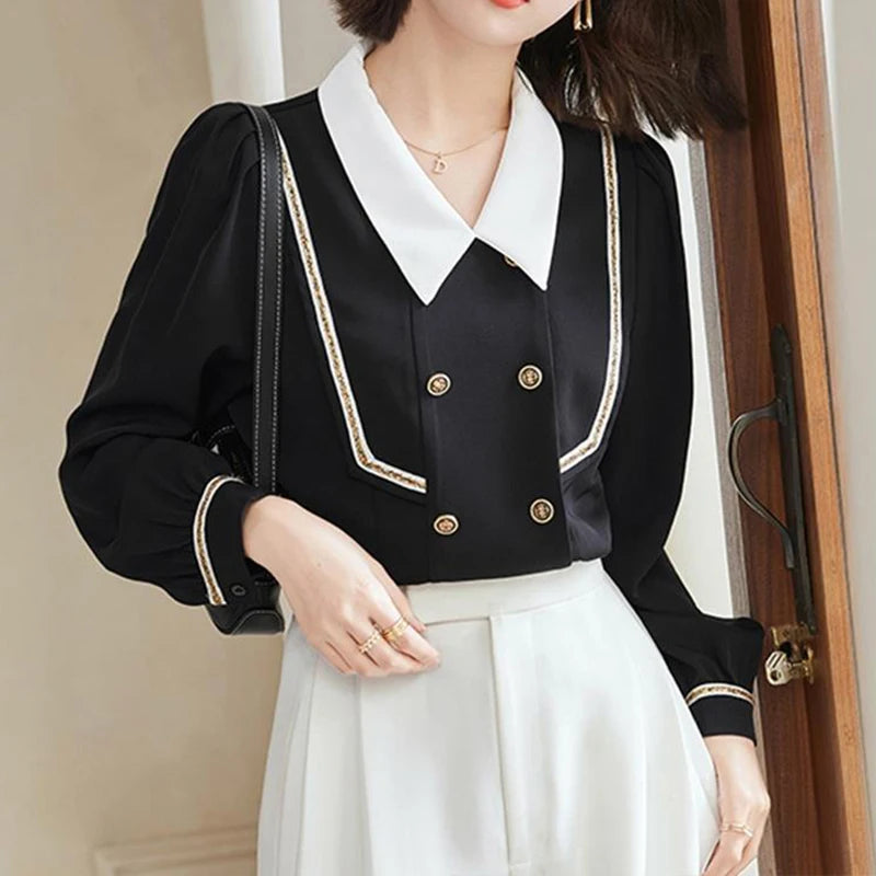 Black Double Breasted Elegant Patchwork Turn Down Collar Long-sleeve Top Shirt And Blouses Lady Trend 2024 Casual Woman Korean  Amaijoin