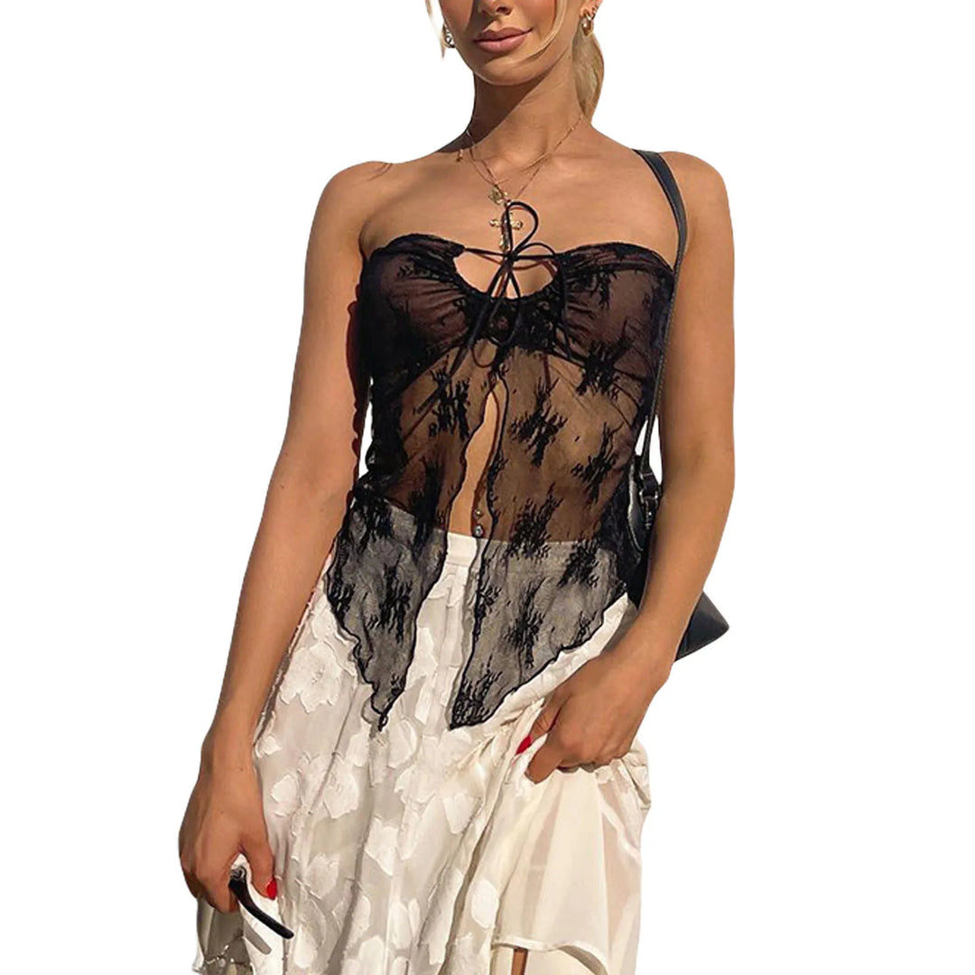 Women Y2K Lace Sheer Tank Top Summer Strapless Backless Vest Top Sexy See Through Bandeau Crop Top Streetwear  Amaijoin