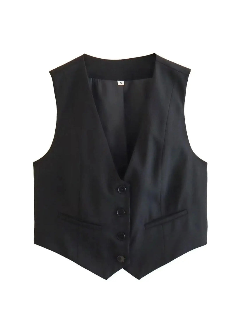 XNWMNZ 2024 Women Fashion Front Buttons Cropped Waistcoat Vintage V Neck Sleeveless Versatile Female Vest Chic Tops  Amaijoin