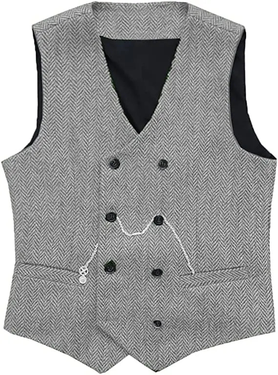 V Neck Men's  Suit Vests Herringbone Wool Tweed Double Breasted Waistcoat Tuxedo Groomsmen For  Wedding  Amaijoin