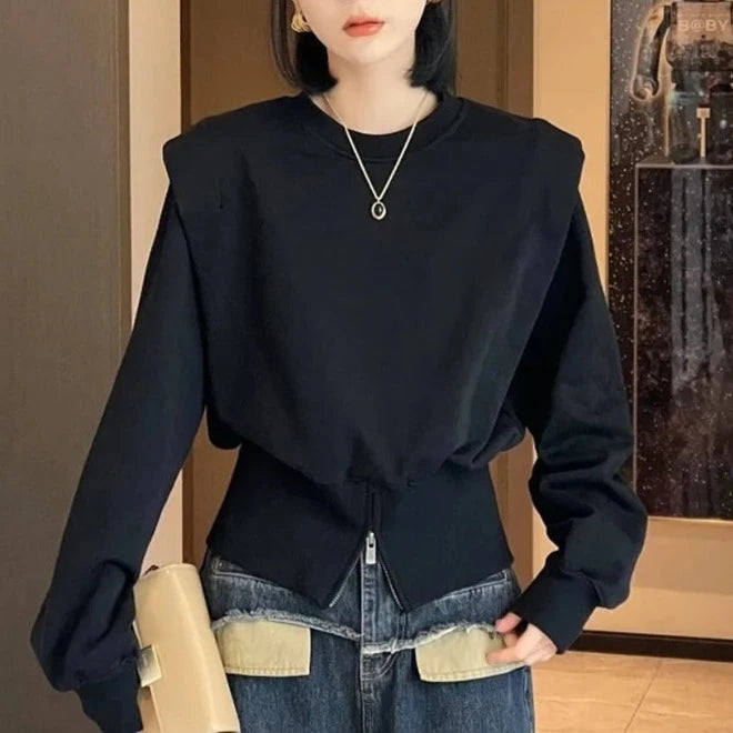 Fashion O-Neck Spliced Zipper Solid Color Sweatshirts Female Clothing 2023 Autumn Winter Loose Korean Tops Casual Sweatshirts  Amaijoin