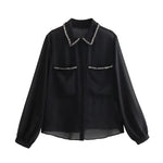 Carregue a imagem no visualizador da Galeria, TRAF 2023 Textured Black Shirt Women Semi Sheer Chiffon Blouse Female Button Up Elegant Chic Woman Shirt Autumn Long Sleeve Top  Amaijoin
