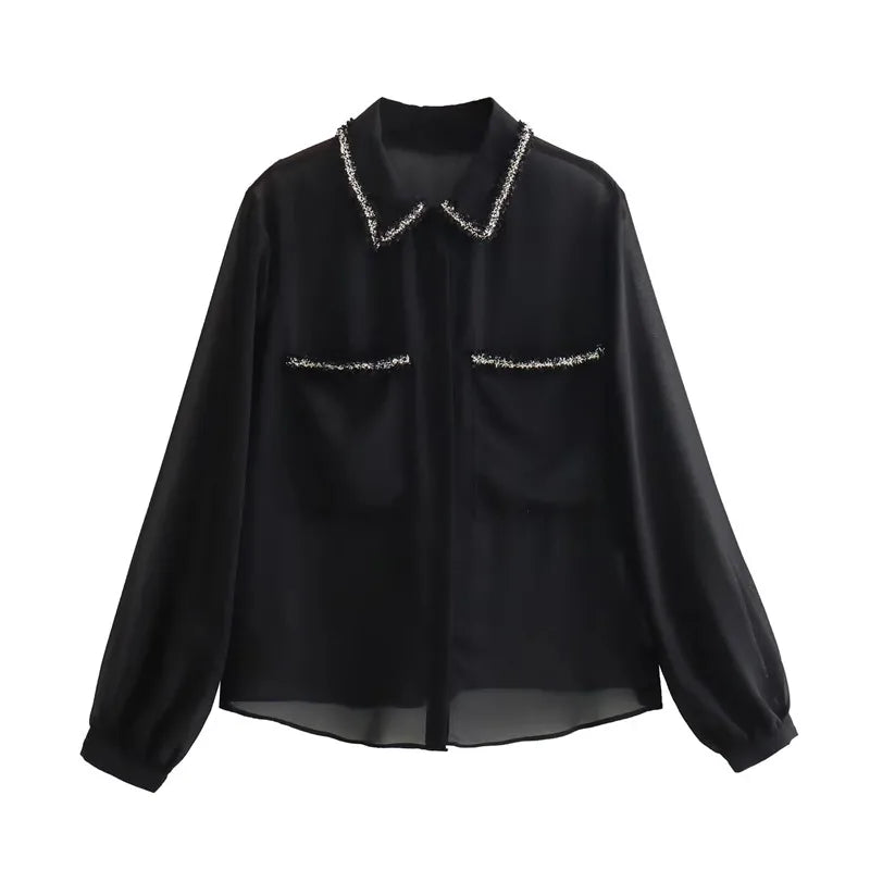 TRAF 2023 Textured Black Shirt Women Semi Sheer Chiffon Blouse Female Button Up Elegant Chic Woman Shirt Autumn Long Sleeve Top  Amaijoin