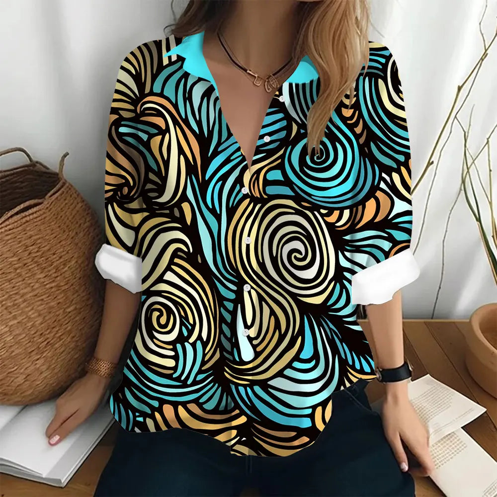 Autumn Women's Shirt Polo Collar Long Sleeve T-shirt Fashion Print Top Fashion Party Trend Women's Shirt Button Casual T-shirt  Amaijoin