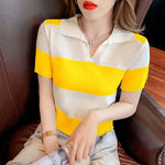 Load image into Gallery viewer, Clothing T-shirt Woman Tops Red Knit Polo Neck Shirts for Women Green Striped Short Sleeve Tee V Cute Youth High Quality Cotton  Amaijoin
