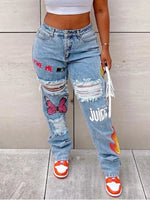 Load image into Gallery viewer, LW Butterfly Letter Print Ripped Jeans Women Casual Denim Pants Street Trousers slim stretch denim pencil pants (No Stretch)  Amaijoin
