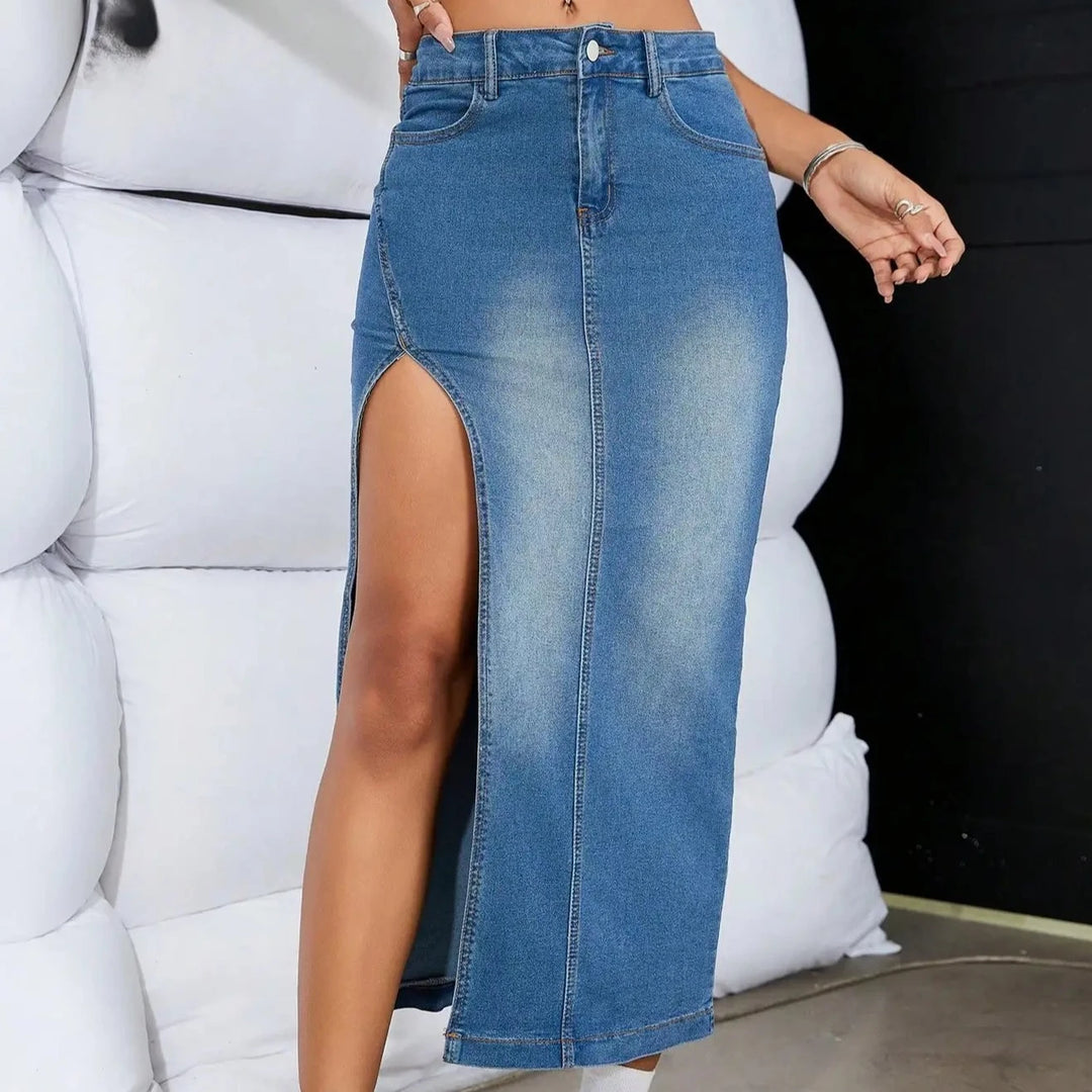 Y2K Fashion Women Sexy Vintage High Waist Split Thigh Denim Bodycon Skirt Classic Versatile Mid Length Jean Skirt Streetwear  Amaijoin