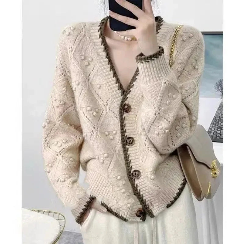 Chic jacquard 100% cashmere knit cardigan Women's autumn/winter lazy V-neck sweater Loose wool coat  Amaijoin