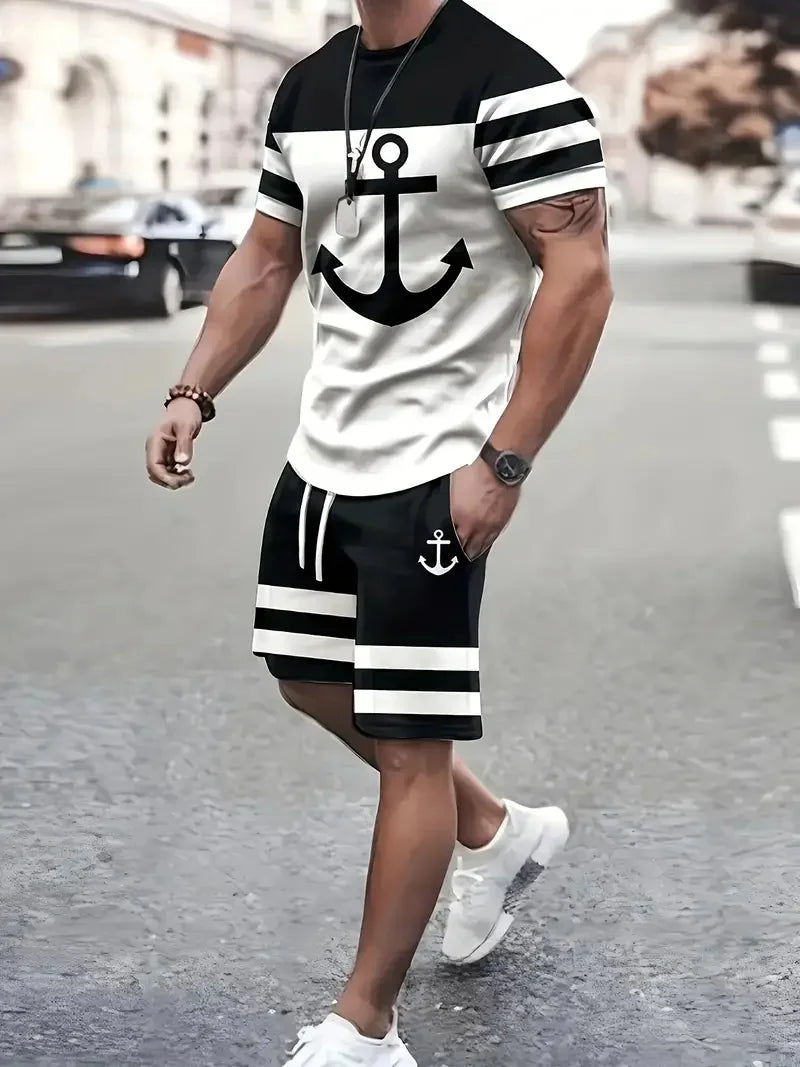 Navy anchor pattern men's set 3D printed summer outdoor short sleeved T-shirt+pants two-piece casual sports plus size men's set  Amaijoin