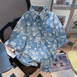 Load image into Gallery viewer, American Retro Floral Print Denim Men Women Shirt Summer Oversize Turn Down Collar Short Sleeved Loose Blouse Tops  Amaijoin
