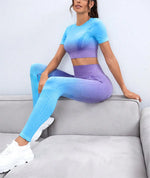 Load image into Gallery viewer, 2pcs Workout Yoga Sets, Short Sleeve Cropped Top &amp; High Waist Running Leggings, Women&#39;s Activewear  Amaijoin
