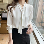 Load image into Gallery viewer, 2023 New Fashion Chiffon Women Blouse And Tops Office Long Sleeve White Women Shirts With Tie V Neck Loose Female Clothing 13022  Amaijoin
