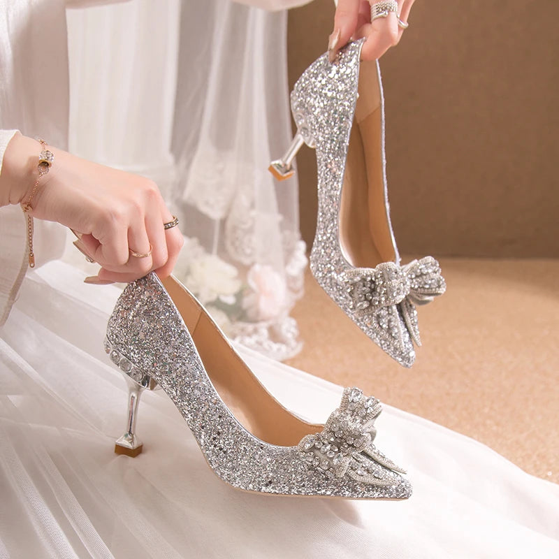 Women's Rhinestone Wedding Shoes New Year Shoes Luxury Buckle Decorative Banquet Women's Shoes High Heels Gold Silver Red  Amaijoin