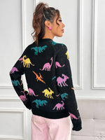 Carregue a imagem no visualizador da Galeria, Dinosaurs Print Crew Neck Pullover Sweater  Y2K Long Sleeve Color Block Knitted Sweater For Spring &amp; Summer  Women&#39;s Clothing  Amaijoin
