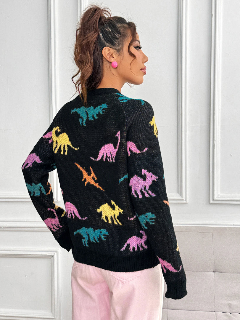 Dinosaurs Print Crew Neck Pullover Sweater  Y2K Long Sleeve Color Block Knitted Sweater For Spring & Summer  Women's Clothing  Amaijoin