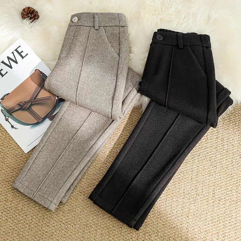 Women's Wool Dress Pants Casual Jogger Style Office  Wide Trousers  Woolen Cropped Pants ouc2533  Amaijoin