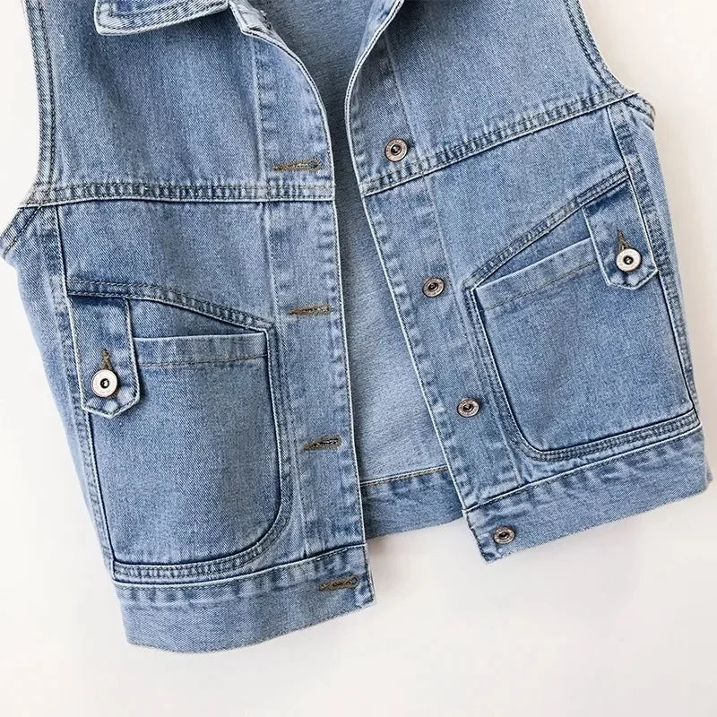 Short Hooded Denim Vest Jackets Women Spring Autumn Pocket Jean Waistcoat Sleeveless Tank Schoolgirl Outerwear Casual Tops Vest  Amaijoin