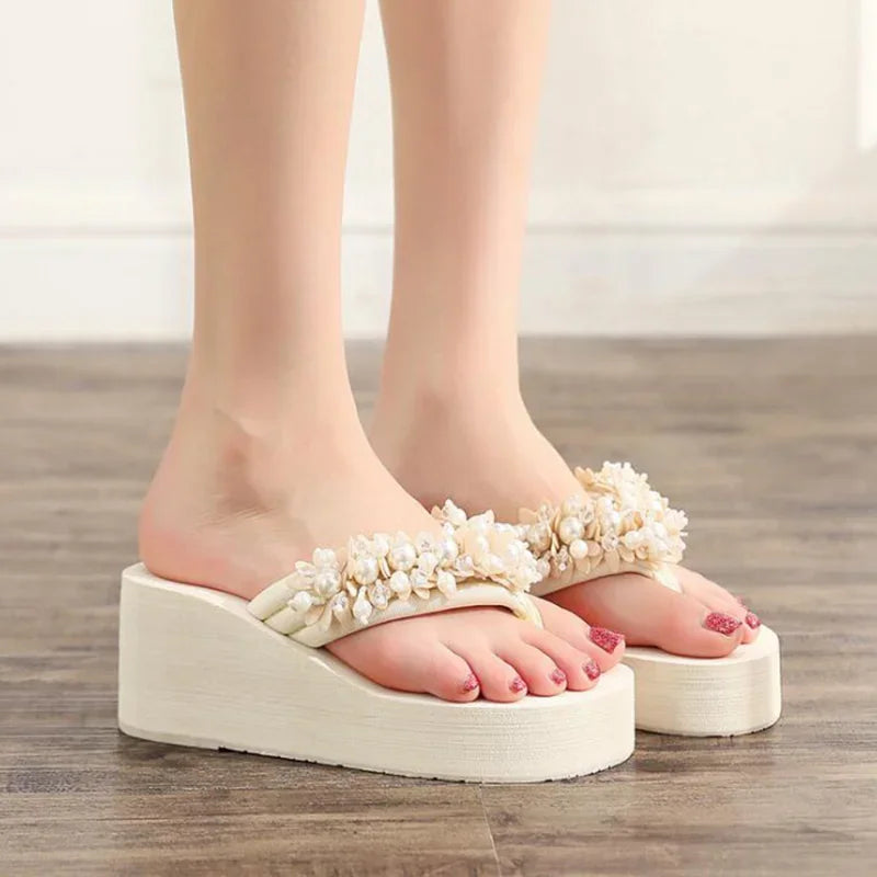 Maogu Platform Wedges Slippers White Crystal Shoe 2024 New Women's Flip Flops Beach Shoes Women Summer Platform Wedge Sandals 42  Amaijoin