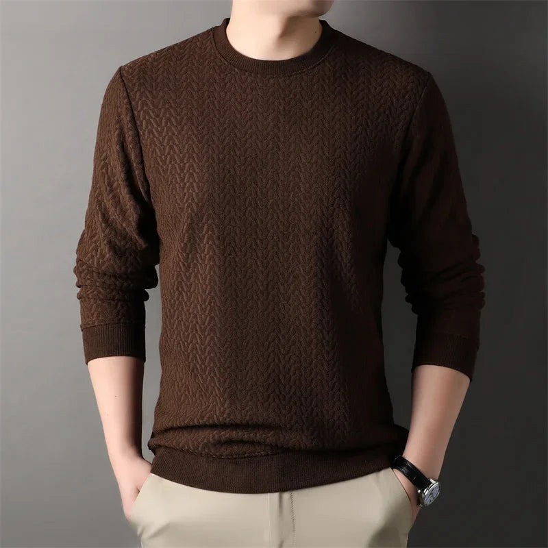 New Men's Casual Jacquard Long Sleeved Round Neck T-shirt Fashion Top  Amaijoin