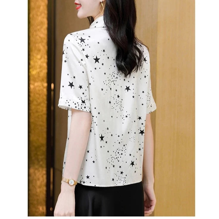 Birdtree 19MM 89.2%Mulberry Silk Summer Women Star Print Shirt Short Sleeve Elegant Fashion Women's Stand Collar Top T38644QD  Amaijoin