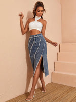 Load image into Gallery viewer, Y2K Women Fashion Vintage Denim Skirt Slit Hem Raw Edge Bodycon Skirt High Waist Versatile Streetwear Mujer  Amaijoin
