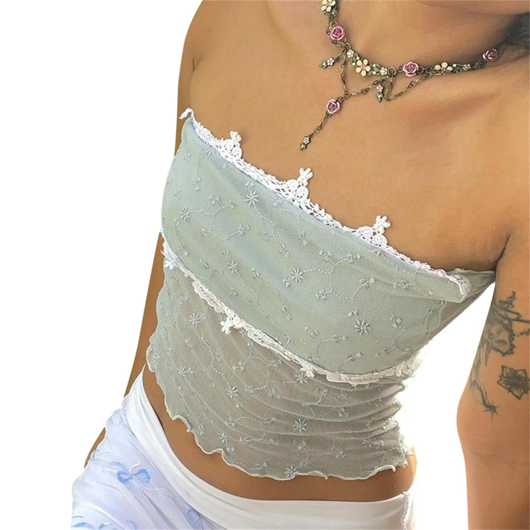 Women Mesh Tube Tops Y2k Strapless Embroidery Lace Patchwork Bandeau Crop Tops Going Out Streetwear  Amaijoin