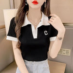 Carregue a imagem no visualizador da Galeria, White Short Sleeve Tee Black Women&#39;s T Shirts Crop Top Clothes Polo Neck Shirt New Luxury V Aesthetic Sale Y2k Fashion Trend  Amaijoin
