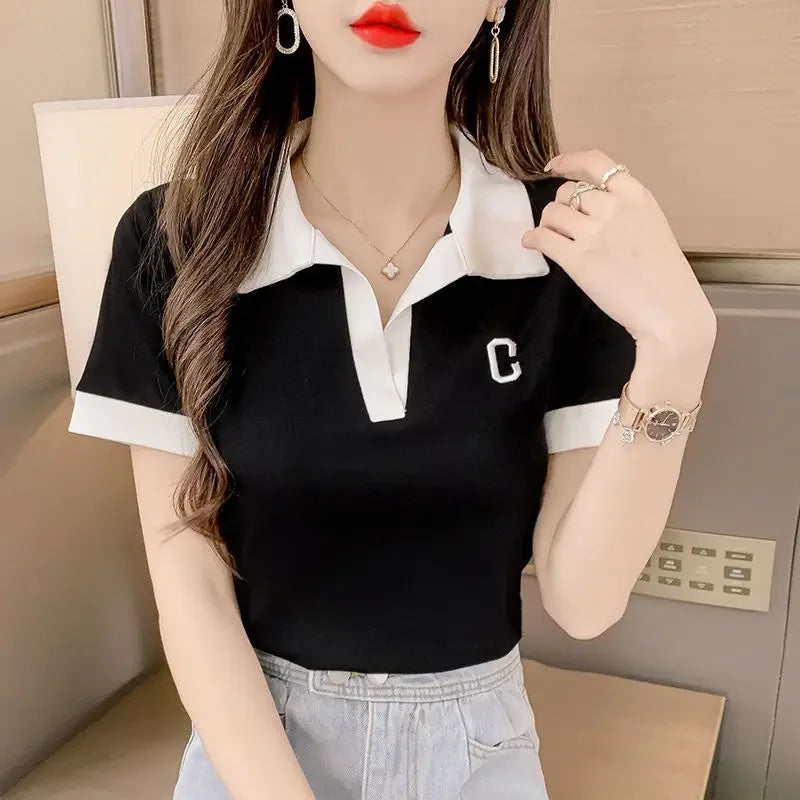 White Short Sleeve Tee Black Women's T Shirts Crop Top Clothes Polo Neck Shirt New Luxury V Aesthetic Sale Y2k Fashion Trend  Amaijoin