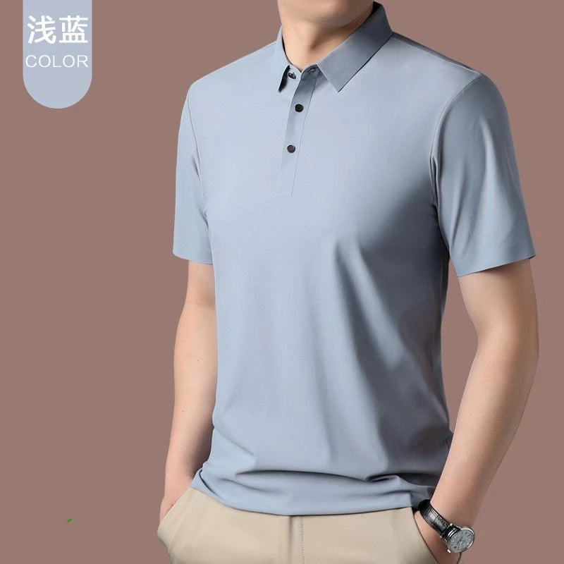 High quality wrinkle resistant ice silk short sleeve t-shirt men's summer Lapel loose casual solid color top high-end polo men  Amaijoin