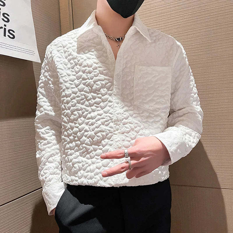 2024 Spring Bubble Shirts for Men Long Sleeved Button Down Loose Men's Casual Shirt Autumn Plus Size Korean Design Male Clothing  Amaijoin