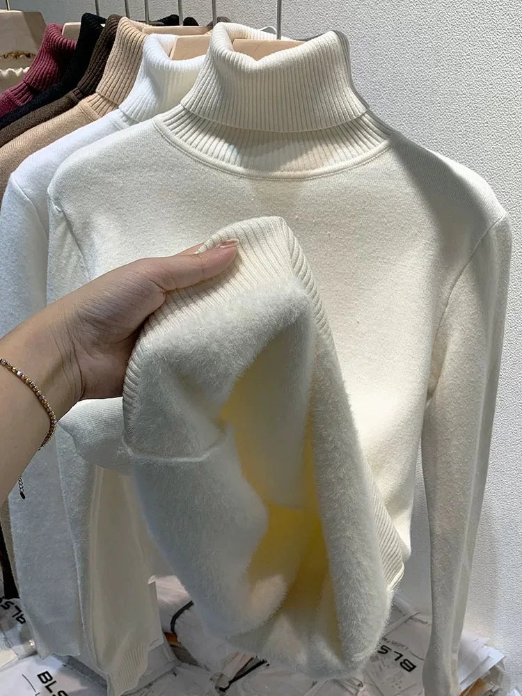 Turtleneck Winter Sweater Women Elegant Thicken Velvet Lined Warm Sueter Knitted Pullover Slim Tops Jersey Knitwear Jumper New  Amaijoin