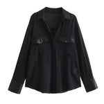 Carregue a imagem no visualizador da Galeria, XNWMNZ 2024 Women&#39;s Fashion Black Satin Crepe Shirt Women Lapel Long Sleeve Pocket Office Lady Chic Female Top  Amaijoin
