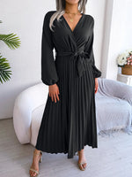 Load image into Gallery viewer, Women Elegant V Neck Long Sleeve Pleated Maxi Dress  Amaijoin
