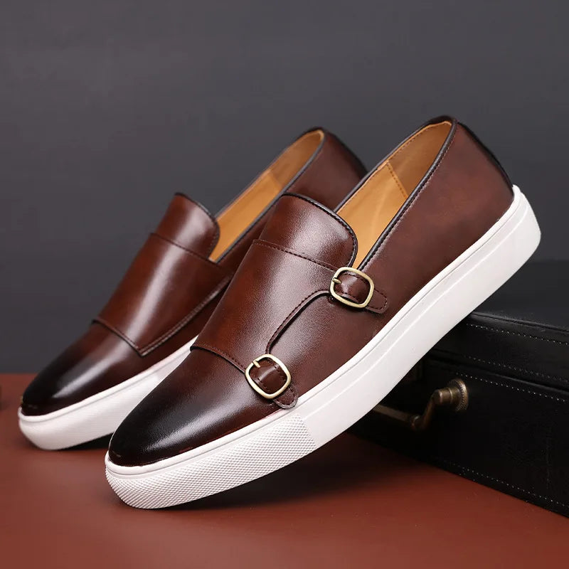 Men's Casual Leather Shoes Men Fashion British Style Loafers Mens Slip-on Outdoor Flats Monk Shoes  Amaijoin