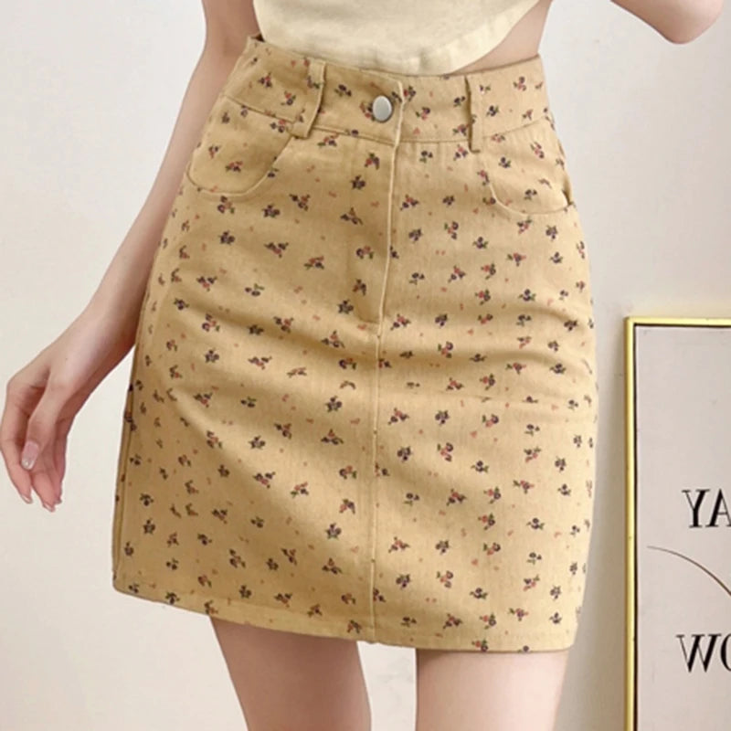 Korean Fashion Women's Casual Floral Pirnted High Waist Jeans Skirt Summer Beach Sexy Mini Denim Skirts Pink Khaki White Saias  Amaijoin