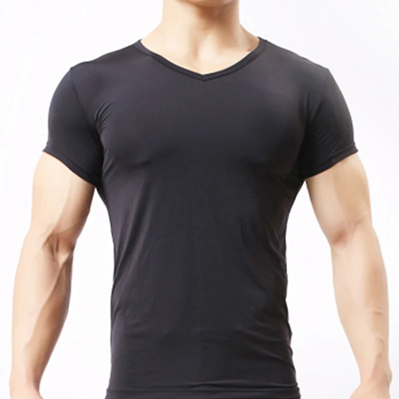 Men's Sheer Undershirts Man Ice Silk Mesh See through Basics Shirts Sexy Fitness Bodybuilding Underwear  Amaijoin