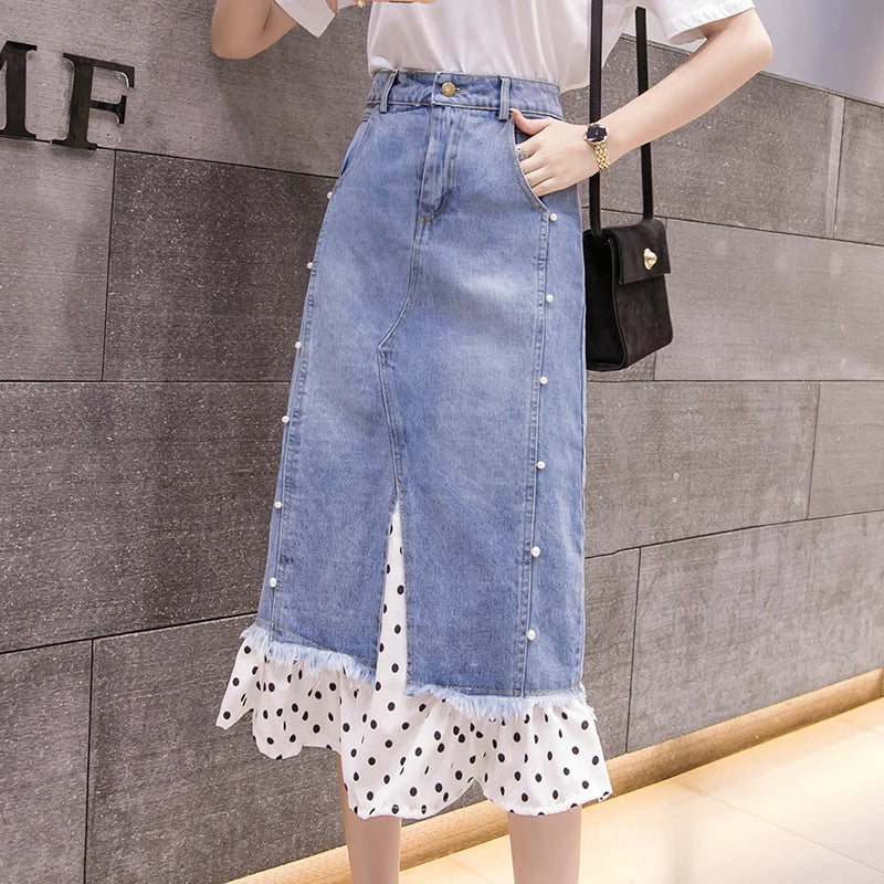 Irregular Jean Skirts Women High Waist Ripped Beaded Denim Skirt Female 2024 New Straight Midi Skirts Zipper Fly Pocket Saias  Amaijoin