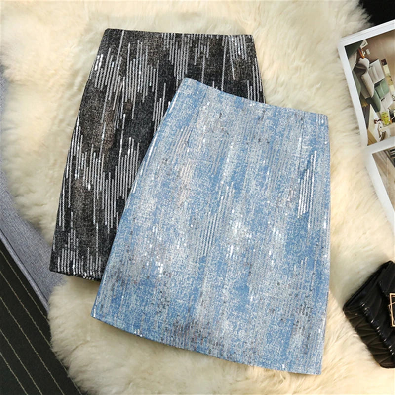 Seoulish Sequined Denim Women's A-line Skirt Fashionable 2024 New Summer Spring High Waist Slim Casual Wrap Mini Skirts Female  Amaijoin