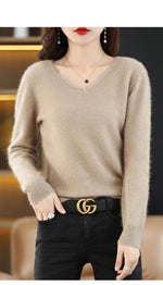 Carregue a imagem no visualizador da Galeria, Women&#39;s Flat V-neck Mink Cashmere Sweater New Autumn/winter 2023 Knitted Loose Pullover Commuter Basic Knit Top  Amaijoin
