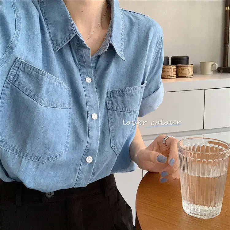 Women Blouse Summer Loose Single Olo Collar Short-Sleeved Denim Shirt Top for Women Blusas Ropa De Mujer  Amaijoin