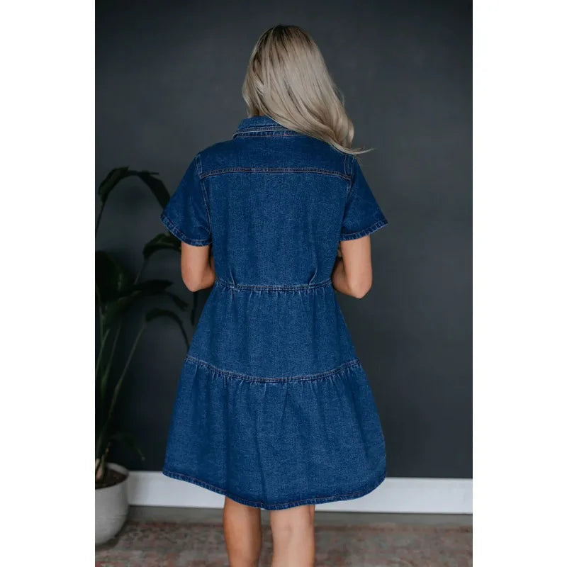 2024 Spring Summer New Women's Clothing Solid Color Short Sleeve Lapel Casual Denim Dress High Waist Dress  Amaijoin