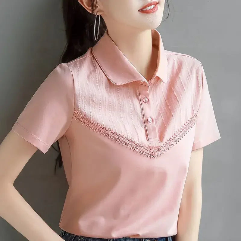 Women's Polo Shirts Button Plain Baggy T-shirts Pink Y2k Fashion Casual Tops on Female Tee Offer Youthful Clothes Korean Popular  Amaijoin