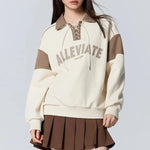 Carregue a imagem no visualizador da Galeria, Semir Sweatshirt Women Fleece Letter Print Color Matching Loose Winter Waffle Polo Collar Artistic Retro Style Sweatshirt  Amaijoin
