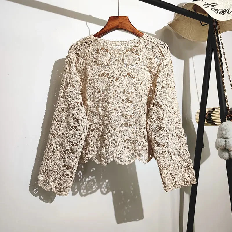 Lace Small Shawl Cotton Cardigan female 2023 spring and summer o neck long sleeve solid casual Versatile Hollow Cardigan Female  Amaijoin